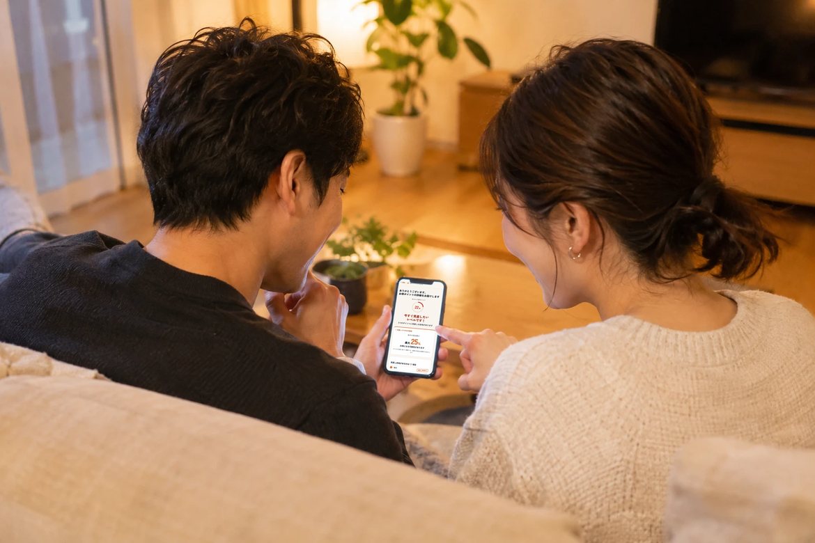 リビングで、ふたりでスマホの診断結果をのぞきこむ様子